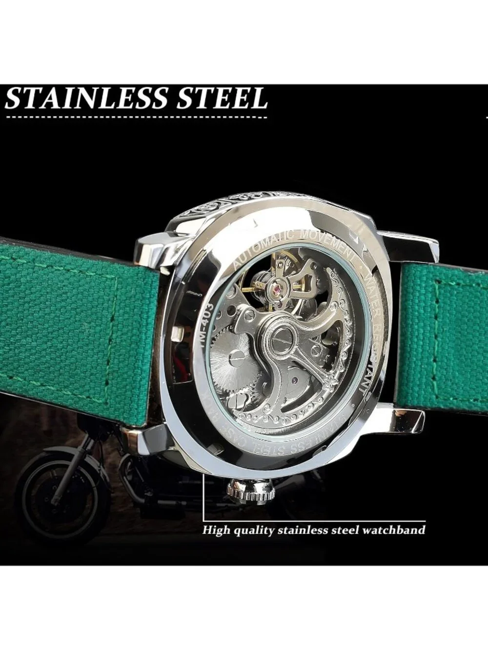 Men's Green Square Mechanical Leather Strap Self-Wind Carved Automatic Watch
